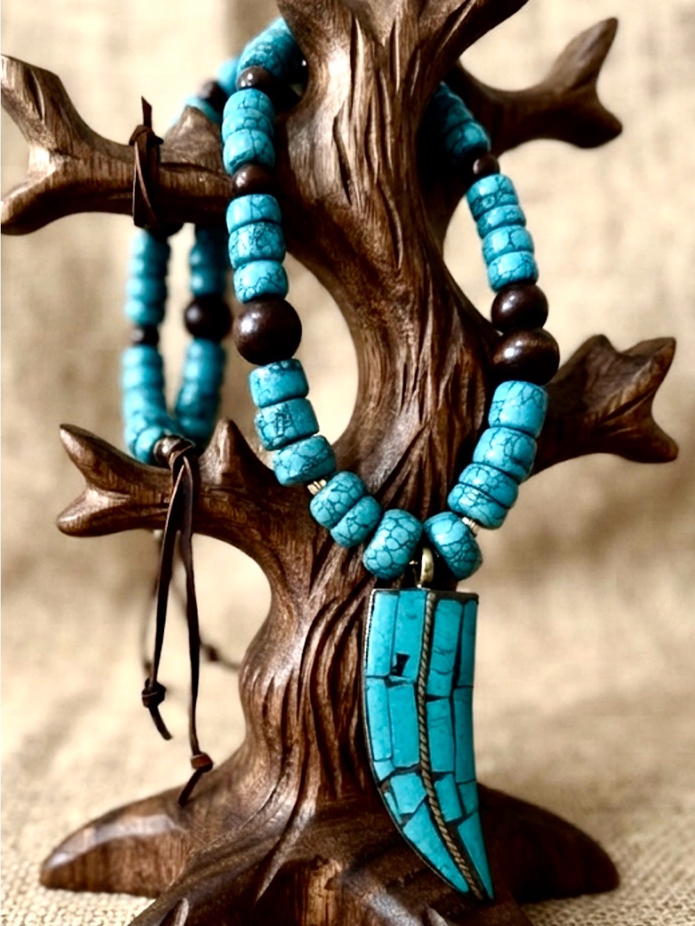 Artisan Turquoise and Dark Wood Pendant Necklace